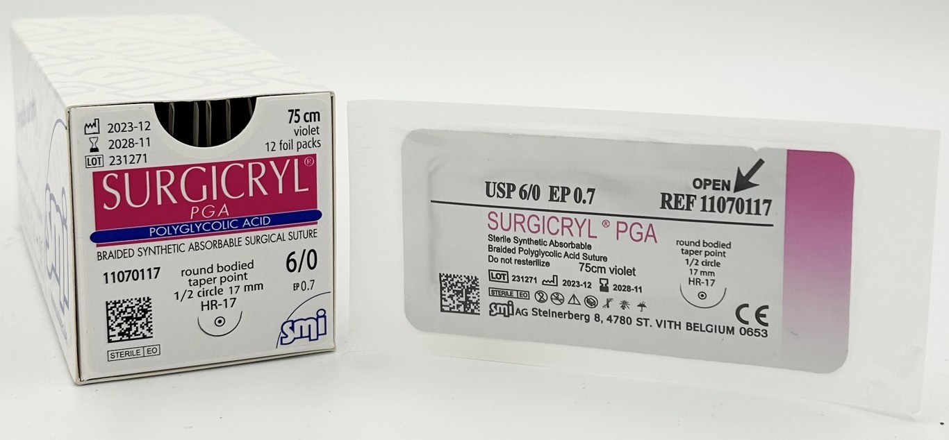 11070117 SM 11070117 SURGICRYL PGA EP 0.7 USP 6/0 NEEDLE 1/2 CIR TAPER 17 MM / 75 CM - Attēls 1