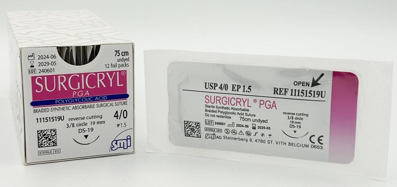 11151519U SM 11151519 SURGICRYL PGA EP 1.5 USP 4/0 NEEDLE 3/8 CIR REV. CUT. 19 MM / 75 CM - Attēls 1