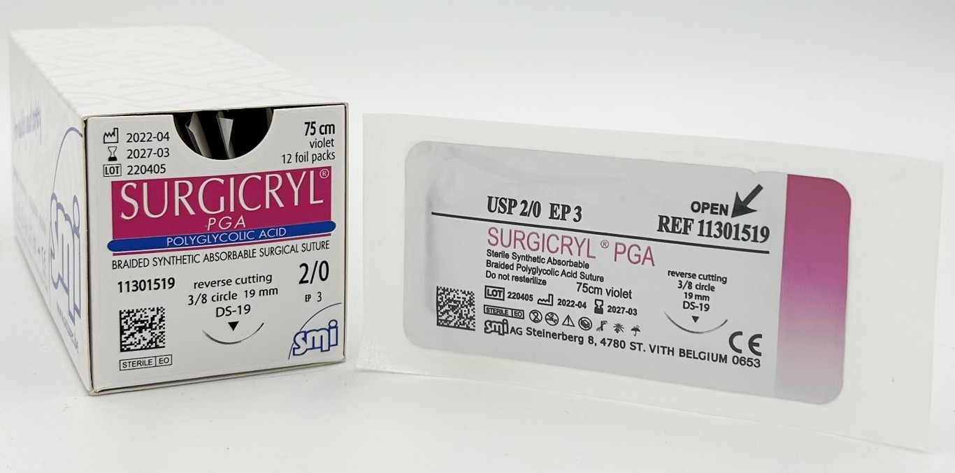 11301519 SM 11301519 SURGICRYL PGA EP 3 USP 2/0 NEEDLE 3/8 CIR REV. CUTTING 19 MM / 75 CM - Attēls 1
