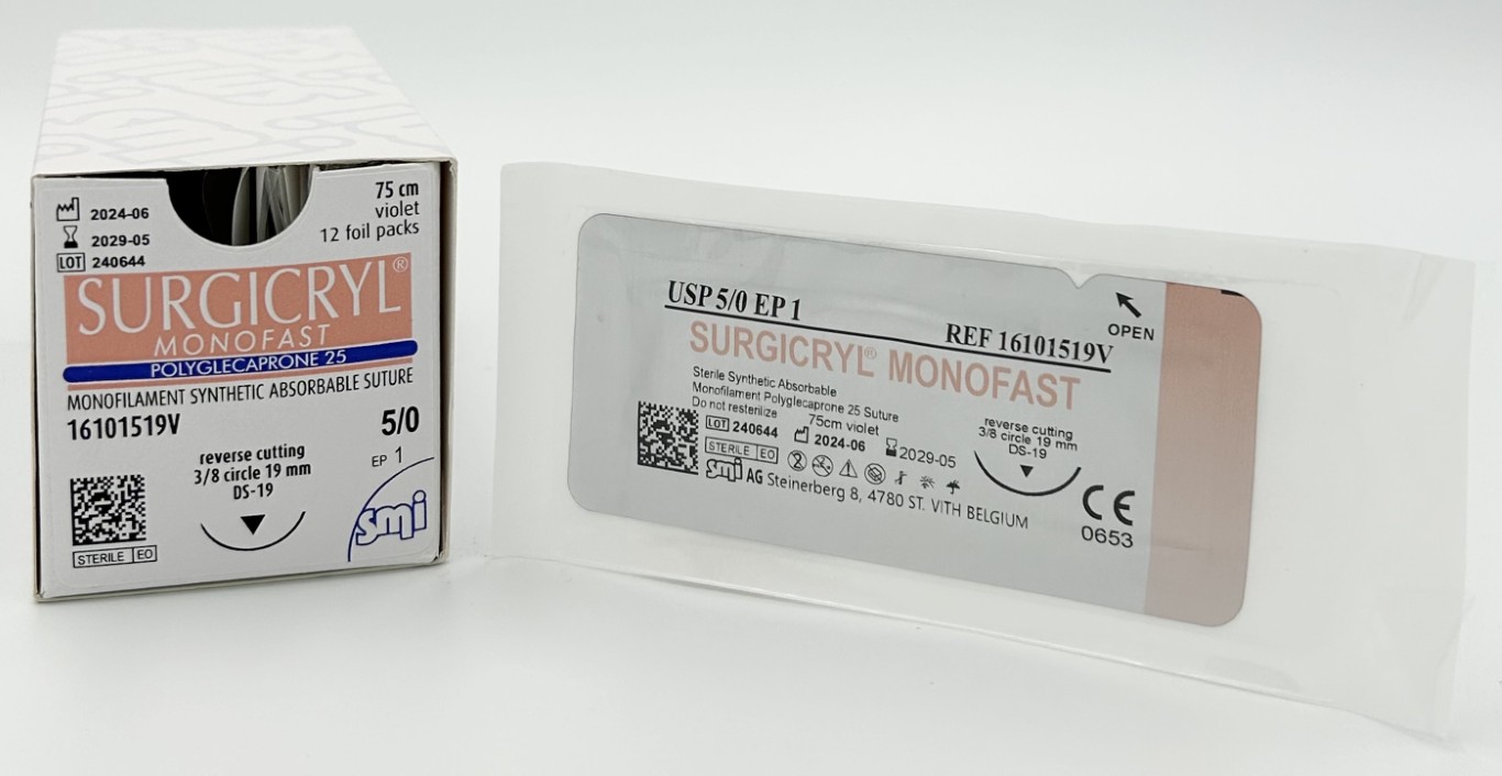 16101519V SM 13101519 SURGICRYL MONOFILAMENT EP 1 USP 5/0 NEEDLE 3/8 CIR CUT. 19 MM / 45 CM - Attēls 1