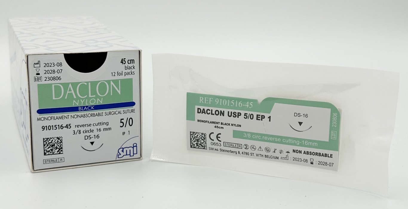 9101516-45 SM MN098 DACLON NYLON USP 9/0 15 CM MICRO NEEDLE 3/8 CIRC. TAPER 6.4 MM 140µm - Attēls 1